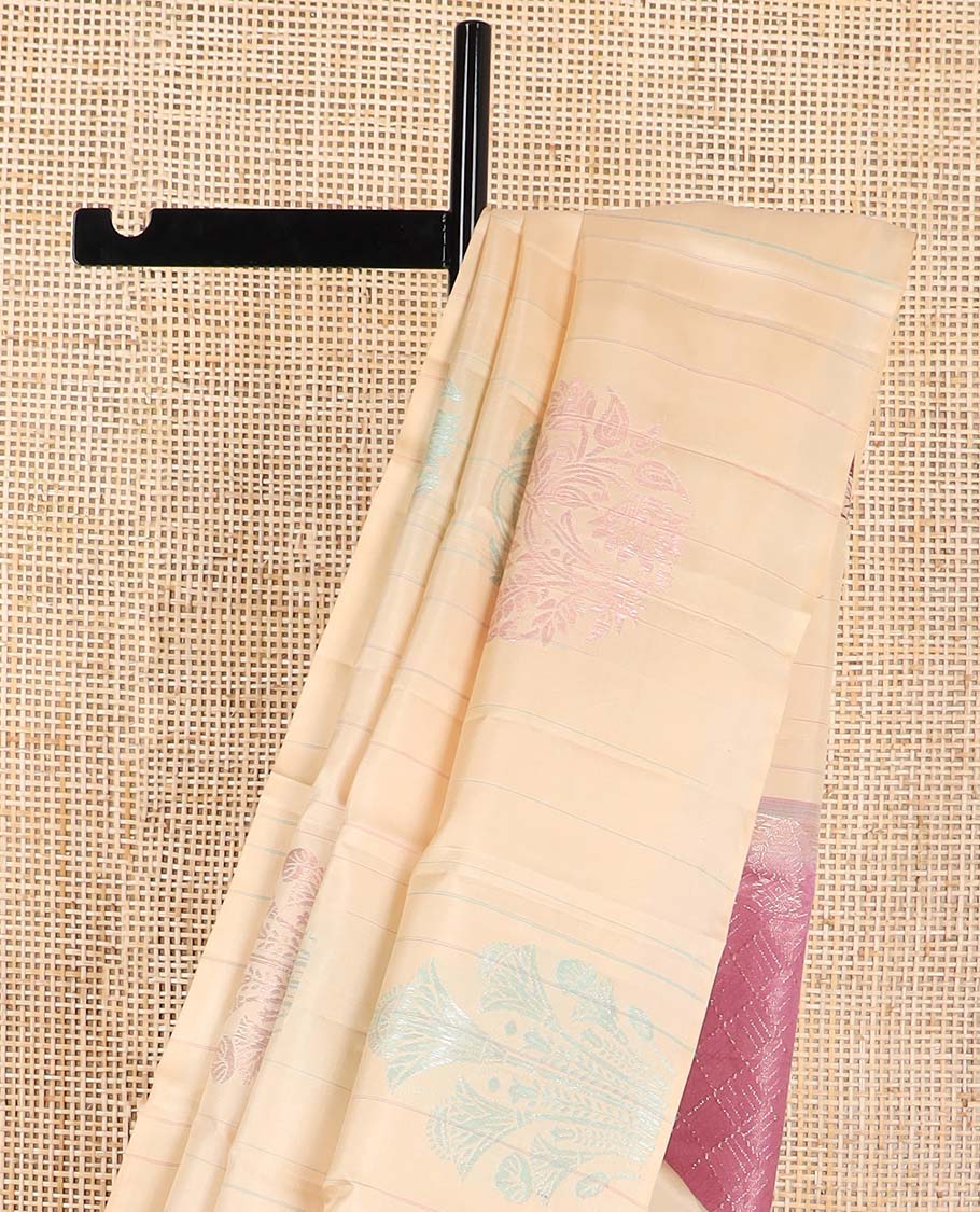 Sandal striped, floral design kancheepuram silk sareee with geometric design pallu