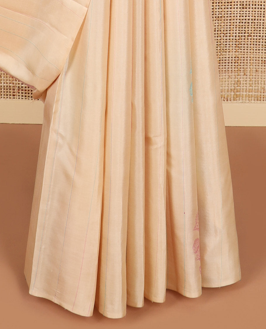 Sandal striped, floral design kancheepuram silk sareee with geometric design pallu