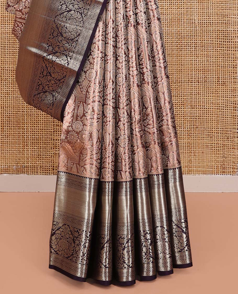 Peach Kanchipuram Tissue Silk Saree, Detailed with Jacquard Designs on Its Body, Complemented by a Contrast Zari Border of Traditional Designs, Intricately Designed Pallu, and Paired with a Contrast Blouse