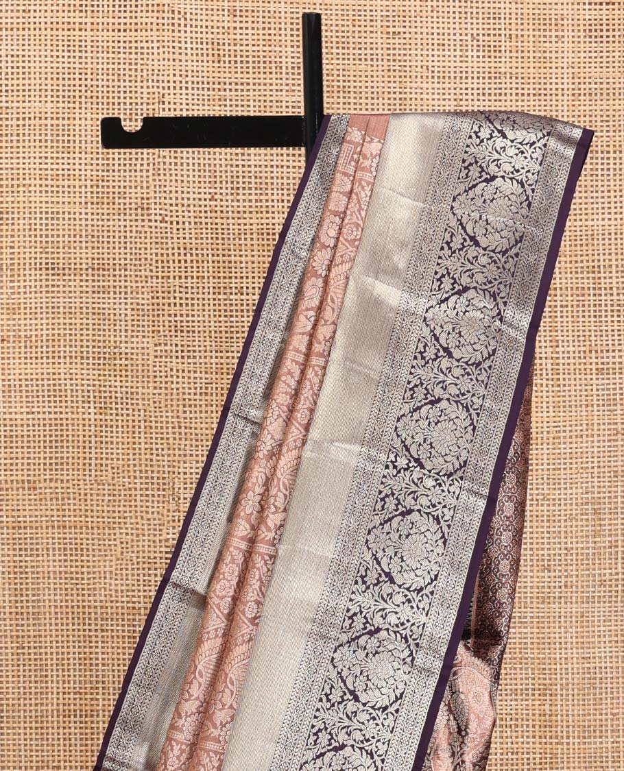 Peach Kanchipuram Tissue Silk Saree, Detailed with Jacquard Designs on Its Body, Complemented by a Contrast Zari Border of Traditional Designs, Intricately Designed Pallu, and Paired with a Contrast Blouse
