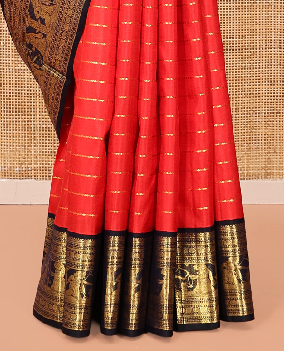 Orange Neli Striped Kanchipuram Silk Saree, Complemented by a Contrast Border of Rekku, Banaras, Muthu, Neli, Mayil, Kann, Kamalam, and Ram Seetha Designs, Grand Pallu, and Contrast Blouse