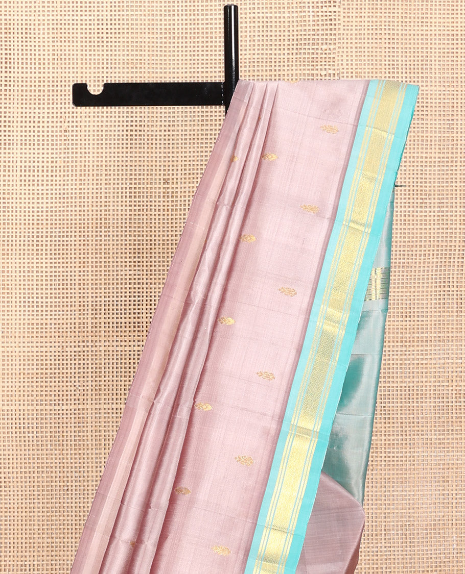 Pink Kanchipuram Silk Saree, Finely Crafted with Zari Buttas, a Contrast One-Sided Border of Jaal Design, Zari Design Pallu, and No Blouse