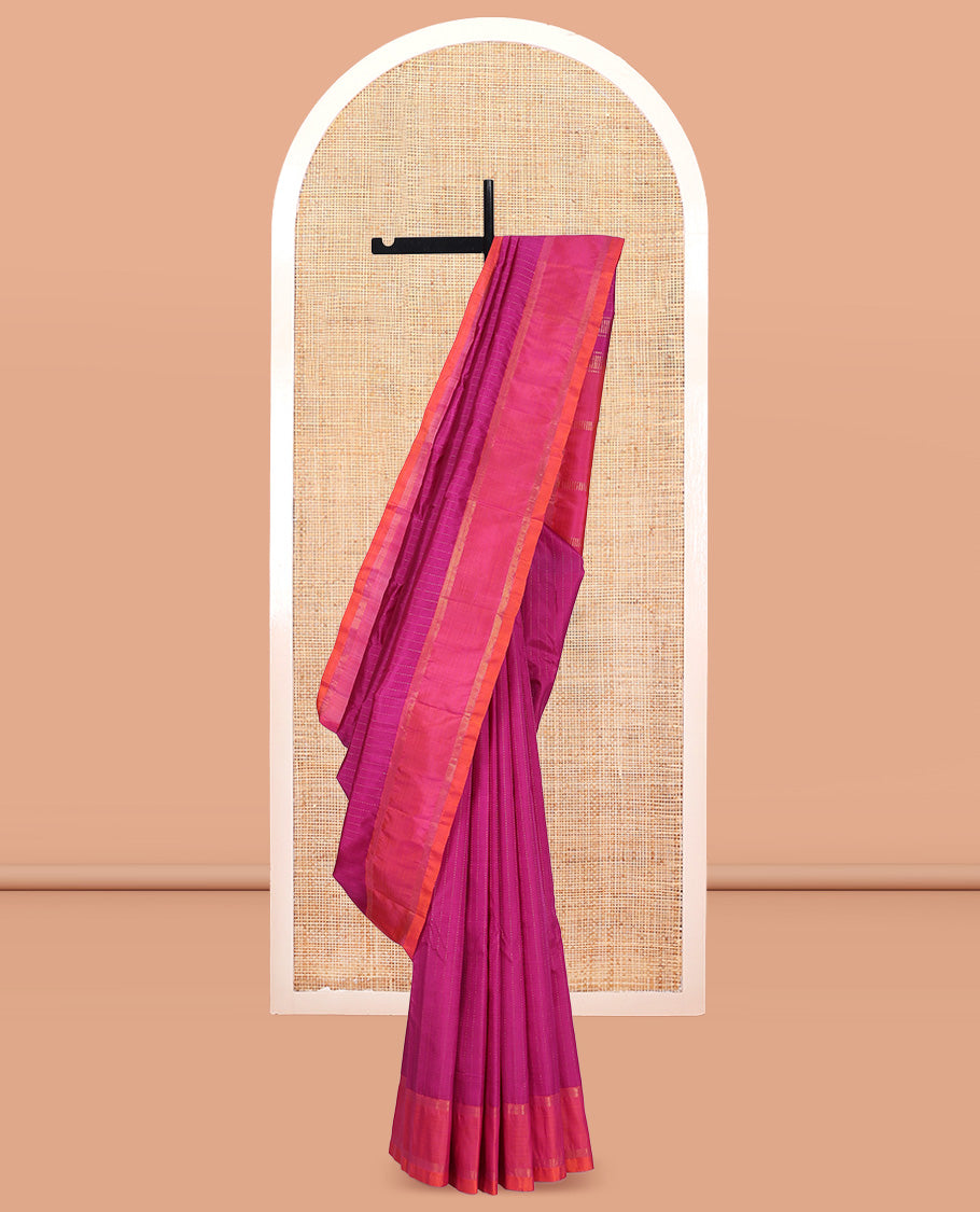 Pink Kanchipuram Silk Saree, Subtly Sparkled with Muthu Zari Stripes, Highlighted by Rettai Pettu Traditional Border, Zari Striped Pallu, and a Matching Blouse