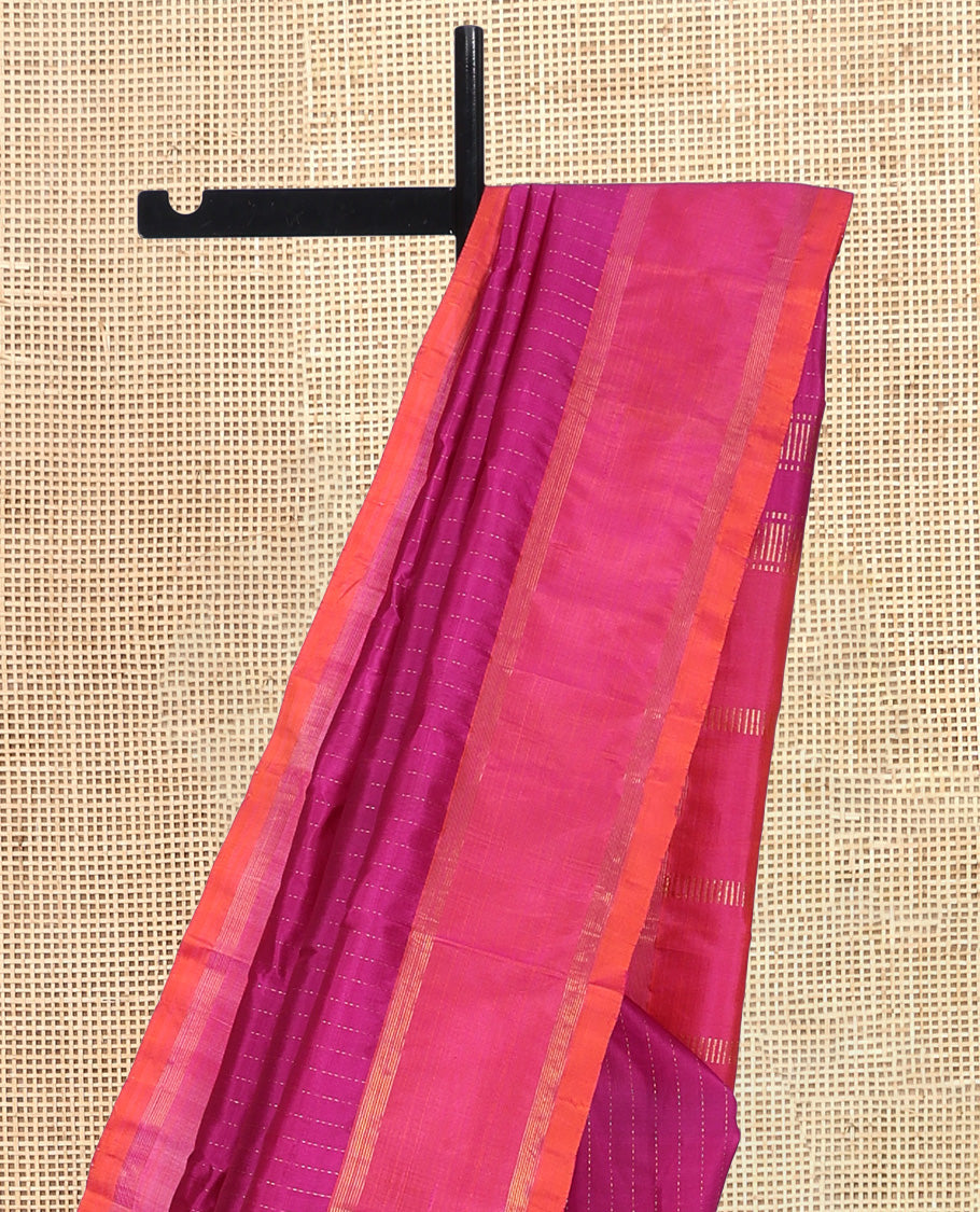 Pink Kanchipuram Silk Saree, Subtly Sparkled with Muthu Zari Stripes, Highlighted by Rettai Pettu Traditional Border, Zari Striped Pallu, and a Matching Blouse