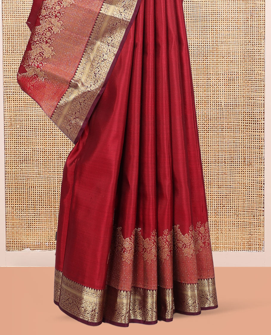 Red Kanchipuram Silk Saree, Graced with Zari Buttas, Complemented by Contrast Traditional Zari Border, Jaal Pallu, and Contrast Blouse