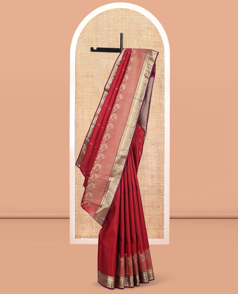 Red Kanchipuram Silk Saree, Graced with Zari Buttas, Complemented by Contrast Traditional Zari Border, Jaal Pallu, and Contrast Blouse
