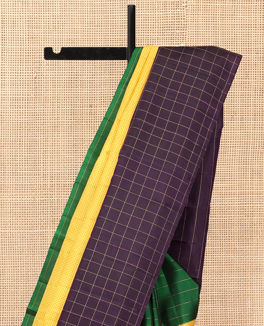 Yellow Kasa-Kasa Checked Kanchipuram Silk Saree, Complemented by a Contrast Ganga-Jamuna Border, Zari Striped Pallu, and a Contrast Blouse