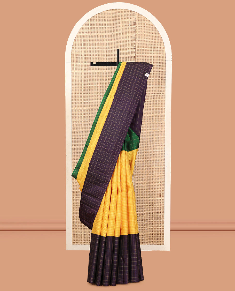 Yellow Kasa-Kasa Checked Kanchipuram Silk Saree, Complemented by a Contrast Ganga-Jamuna Border, Zari Striped Pallu, and a Contrast Blouse