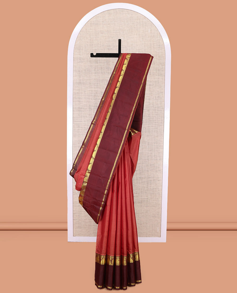 Rust Kanchipuram Silk Saree, Woven with Buttas, Complemented by a Contrast Rettai Pettu Border of Thazampoo Rekku and Arumbu Manga, Zari Design Pallu, and Contrast Blouse