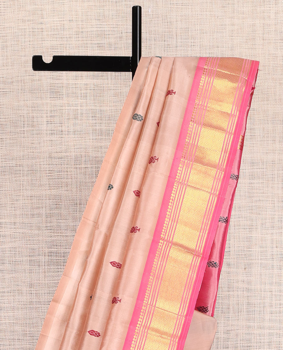 Pink Kanchipuram Silk Saree, Woven with Thread Buttas, a Contrast One-Sided Border of Panner Sombu, Banaras, Muthu, and Jaal Designs, Zari Design Pallu, and No Blouse