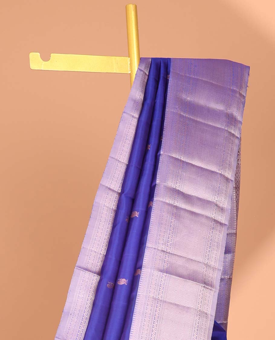 Dark blue buttas kancheepuram silk saree with contrast border of thilakam mokku, muthu, banaras, paun design & zari design pallu