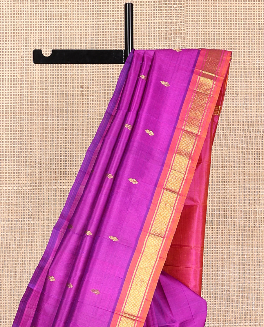 Purple floral buttas kancheepuram silk saree with contrast border of zari design border & floral design pallu