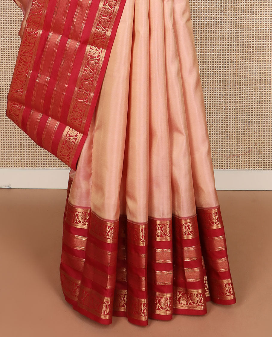 Peach plain Kanchipuram silk saree, contrast border of Muthu,banaras,kodi visiry & neli & geometric patterned pallu