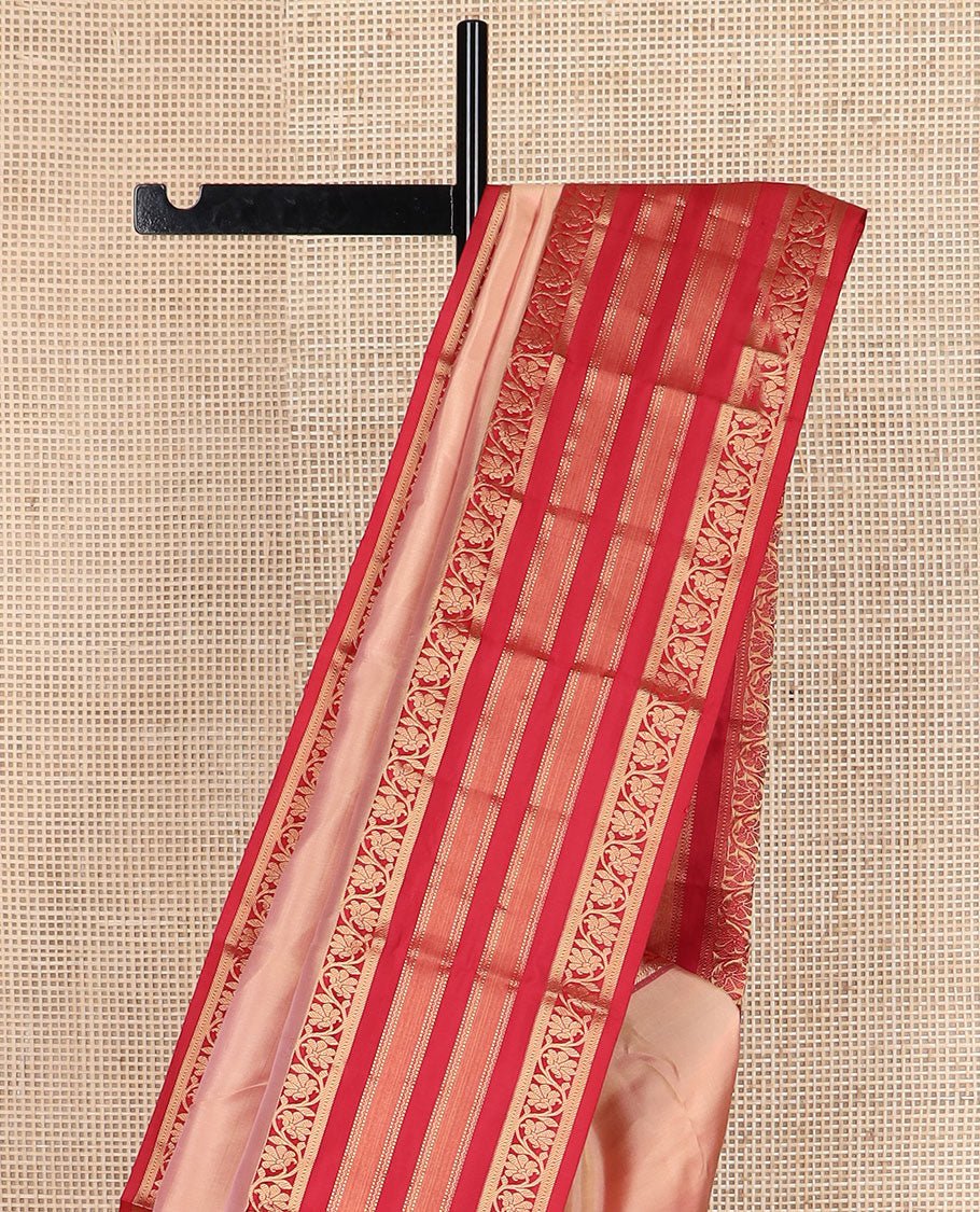 Peach plain Kanchipuram silk saree, contrast border of Muthu,banaras,kodi visiry & neli & geometric patterned pallu