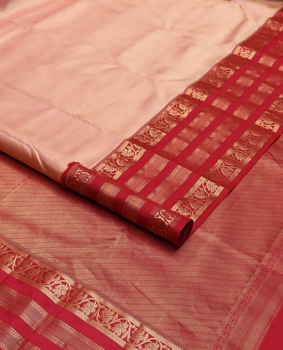 Peach plain Kanchipuram silk saree, contrast border of Muthu,banaras,kodi visiry & neli & geometric patterned pallu
