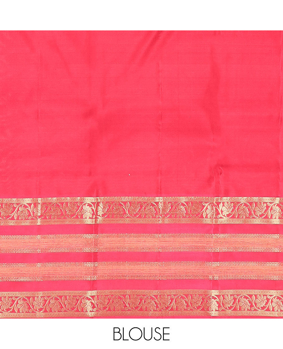 Peach plain Kanchipuram silk saree, contrast border of Muthu,banaras,kodi visiry & neli & geometric patterned pallu
