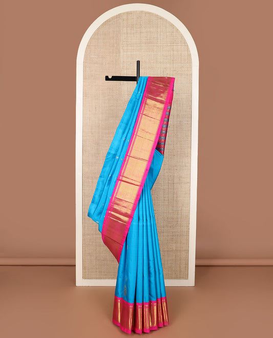 Blue zari buttas Kanchipuram silk saree, contrast korvai border of manga mokku & vanki design & kodi visiry pallu