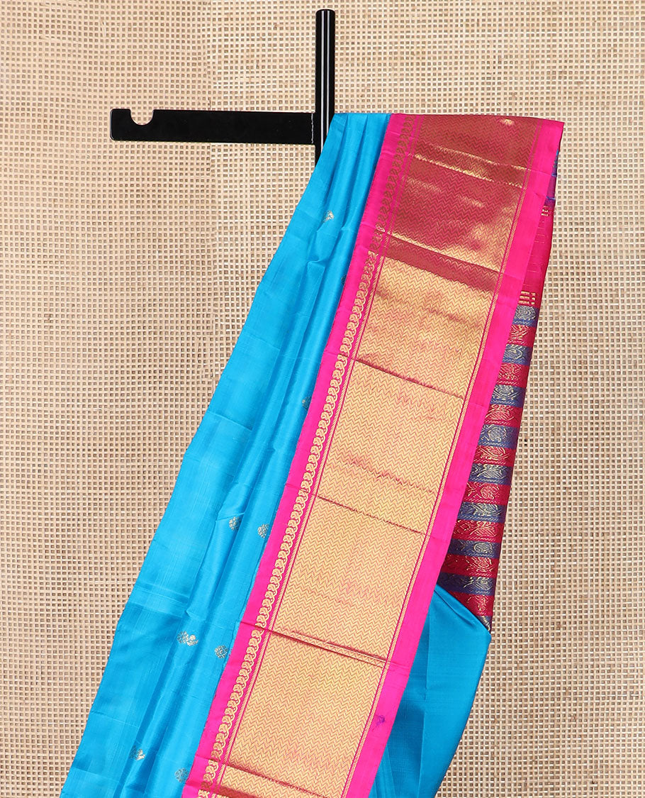Blue zari buttas Kanchipuram silk saree, contrast korvai border of manga mokku & vanki design & kodi visiry pallu