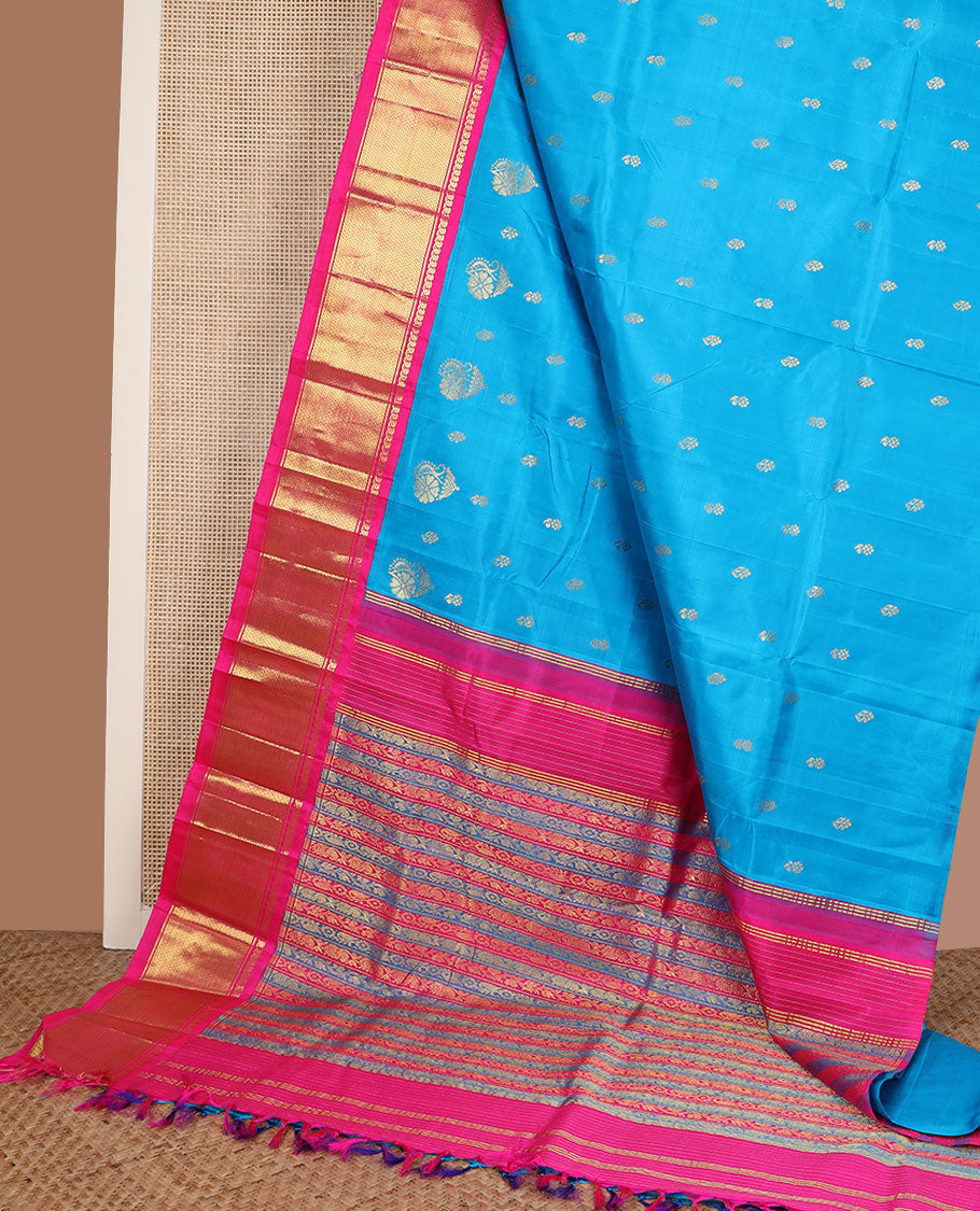 Blue zari buttas Kanchipuram silk saree, contrast korvai border of manga mokku & vanki design & kodi visiry pallu