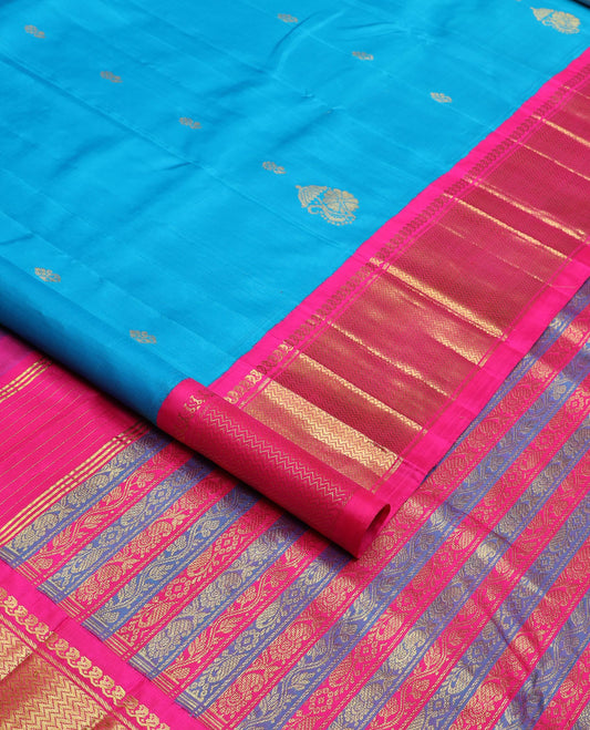 Blue zari buttas Kanchipuram silk saree, contrast korvai border of manga mokku & vanki design & kodi visiry pallu