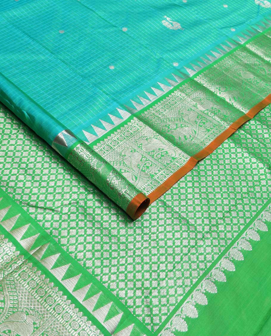 Green checked and zari buttas Kanchipuram silk saree, contrast border of rekku, salngai, muthu, chakram, kili designs, and jaal pallu