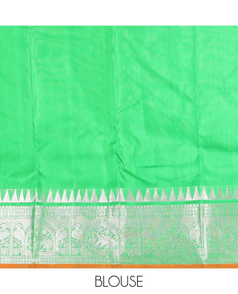 Green checked and zari buttas Kanchipuram silk saree, contrast border of rekku, salngai, muthu, chakram, kili designs, and jaal pallu