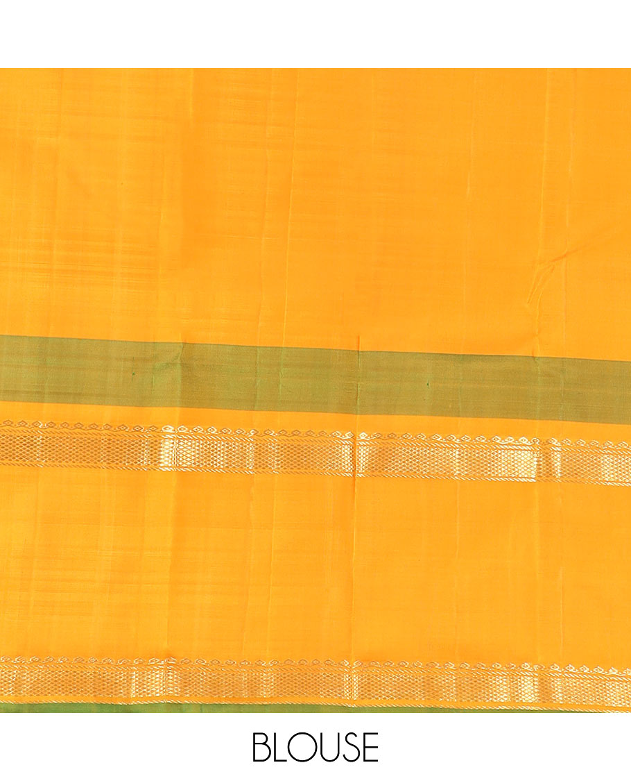 Red micro-checked Kanchipuram silk saree, contrast rettai pettu border of thilakam mokku, banaras, and kuyil kann designs, and zari striped pallu