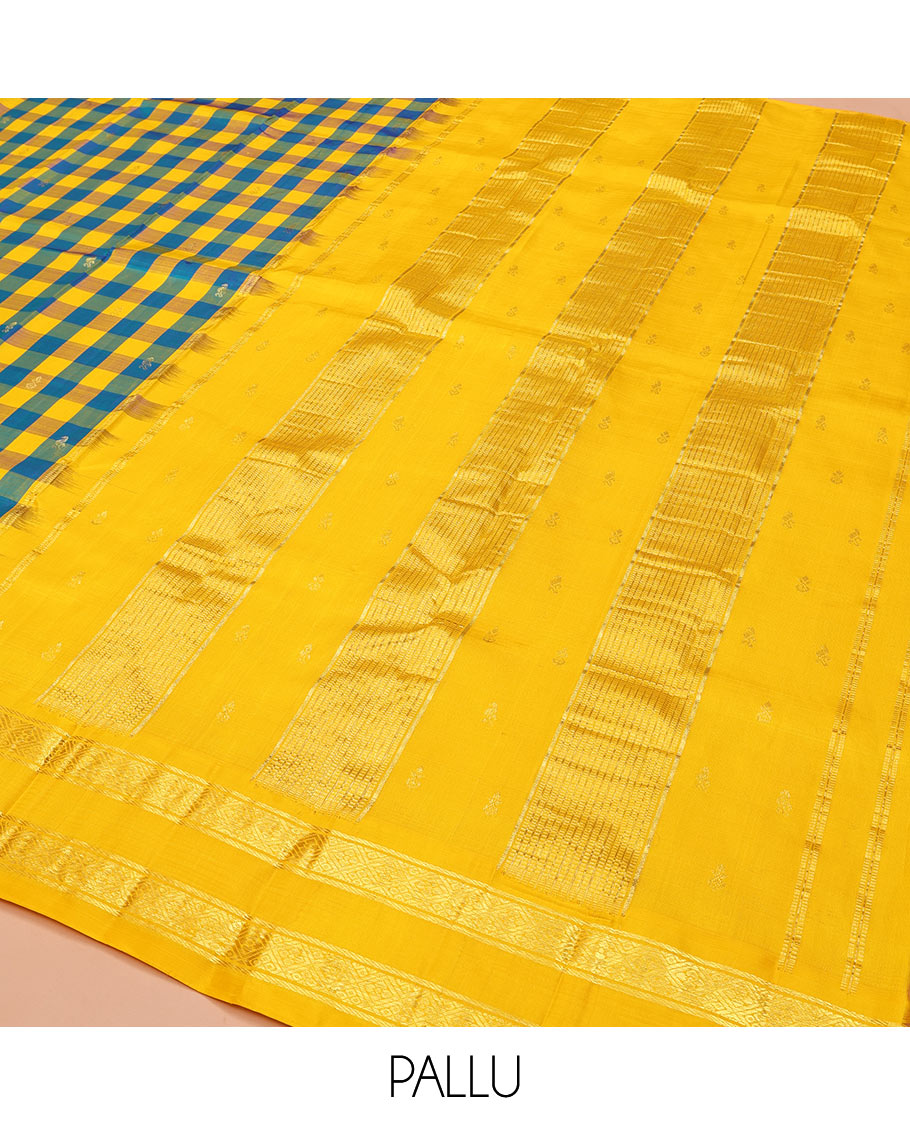 Multi-Color Kanchipuram Silk Saree, Detailed with Palum Pazhamum Checks, Complemented by a Contrast One-Sided Korvai Border of Banaras, and Diamond Designs, Pallu of Zari Designs, and Comes Without a Blouse
