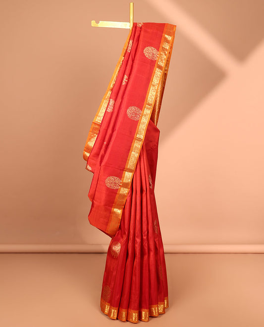 Orange tree buttas kancheepuram silk saree with contrast border of rekku, kodi visiry design & zari design pallu