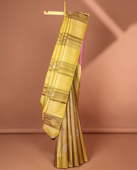 Borderless mustard buttas Kanchipuram silk saree, contrast intricate designs woven pallu