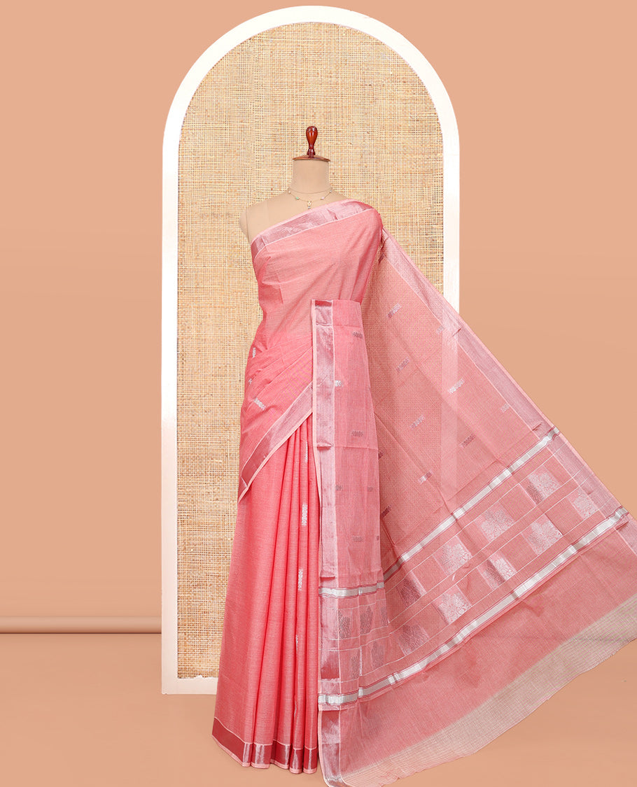Pink Kerala Cotton Saree, Woven with Buttas All Over Its Body, a Zari Bavanji Border, Pallu of Intricate Designs, and Paired with a Matching Blouse