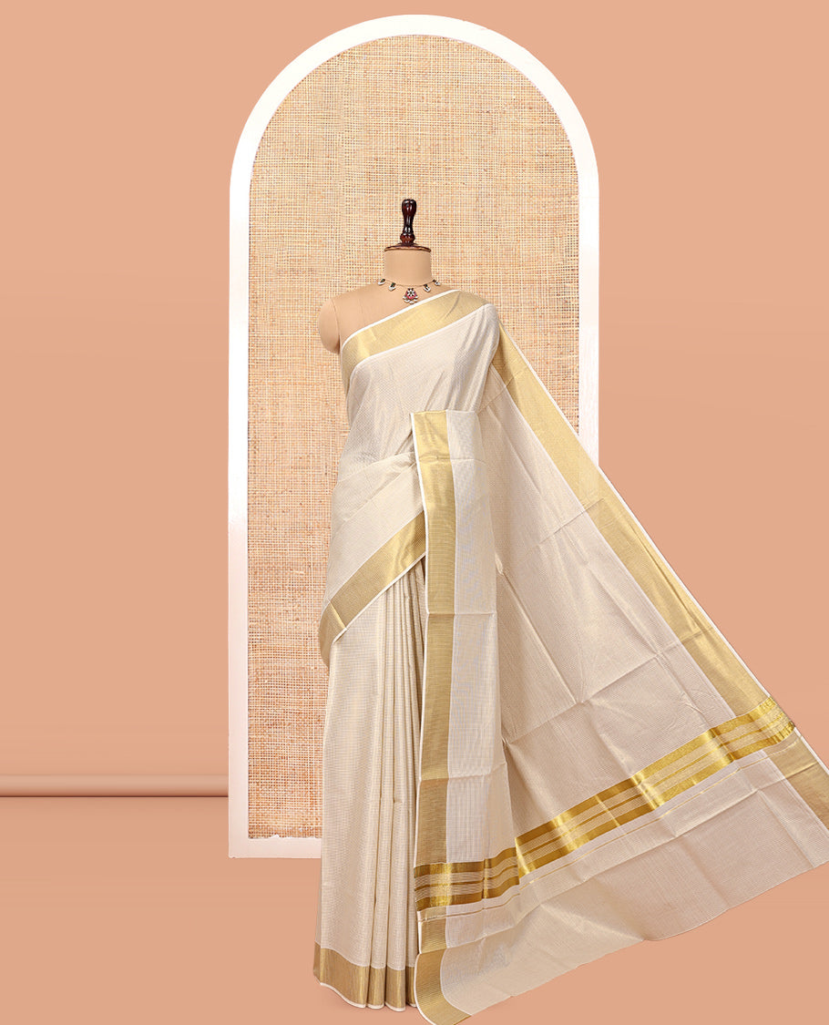 Gold Micro-Checked Kerala Cotton Saree