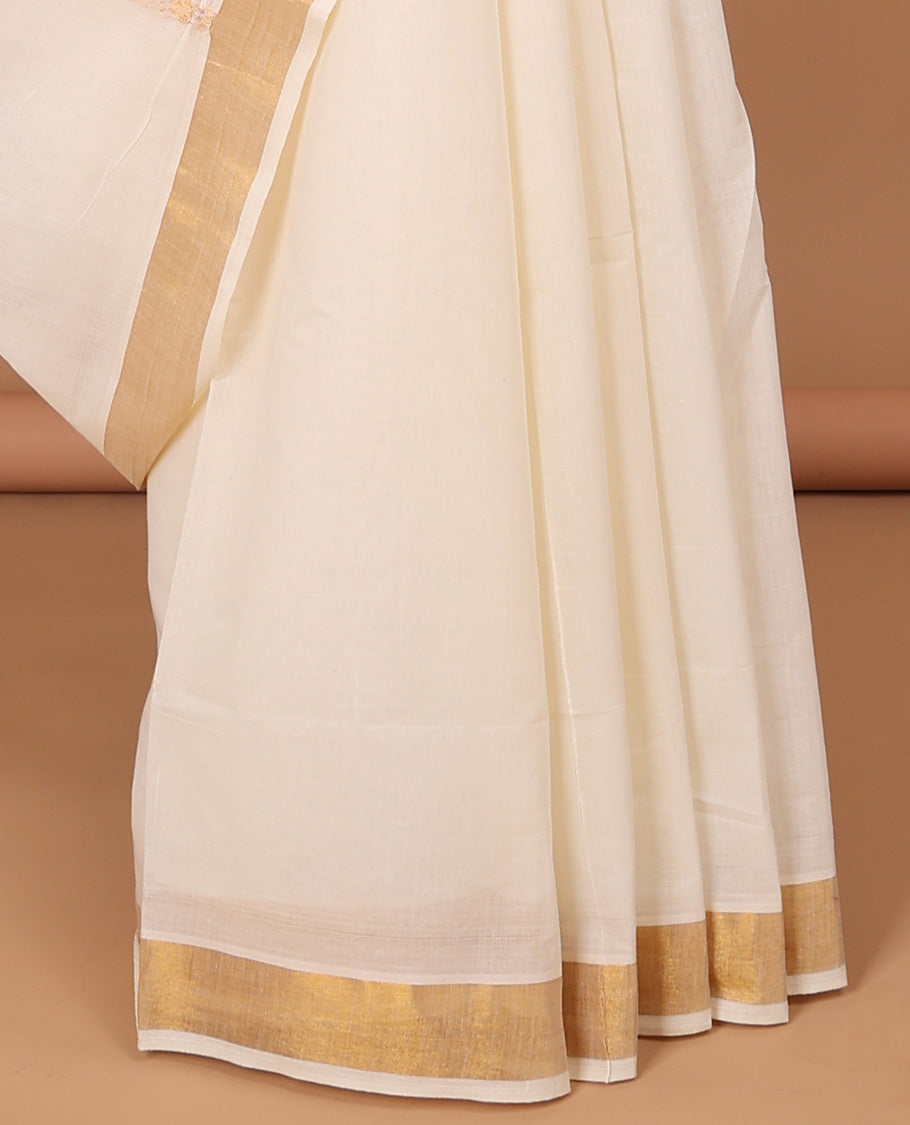 Cream kerala saree with zari stripes, zari border & pallu of zari designs