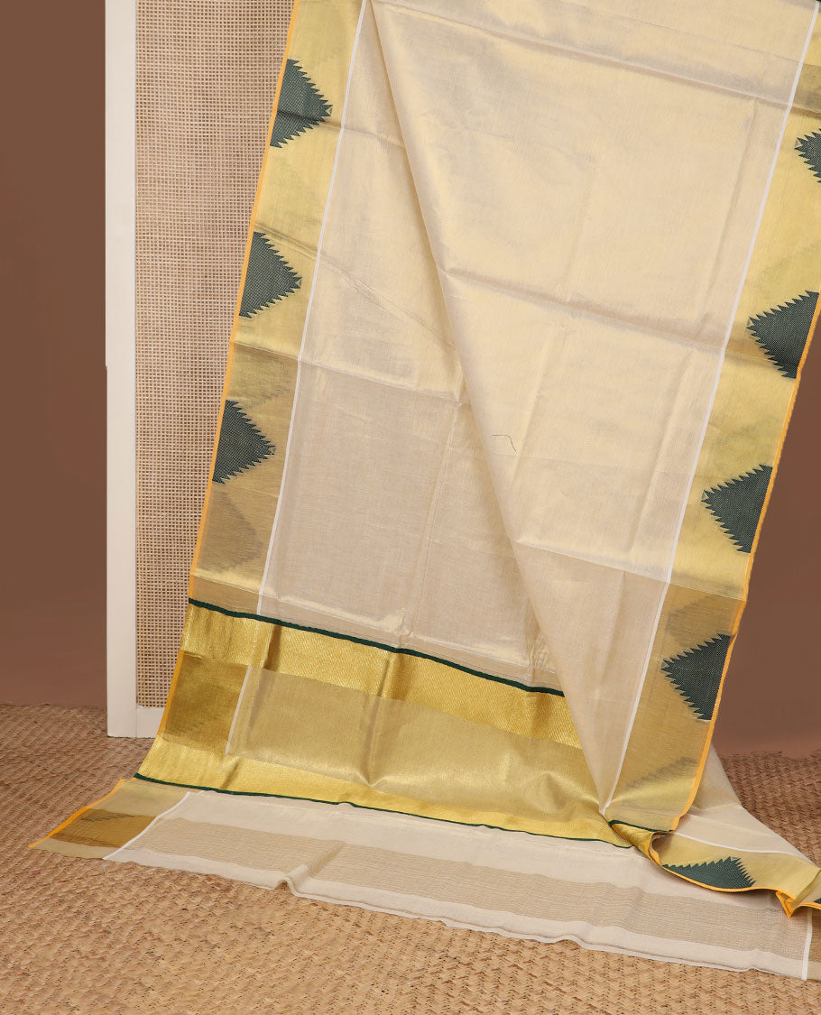 Gold plain design Kerala saree, thread temple motifs border, and zari woven pallu