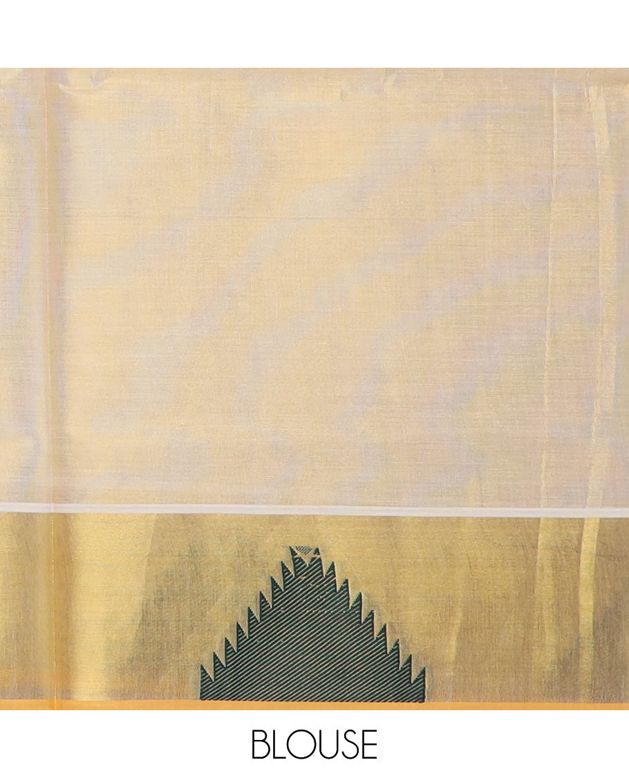 Gold plain design Kerala saree, thread temple motifs border, and zari woven pallu