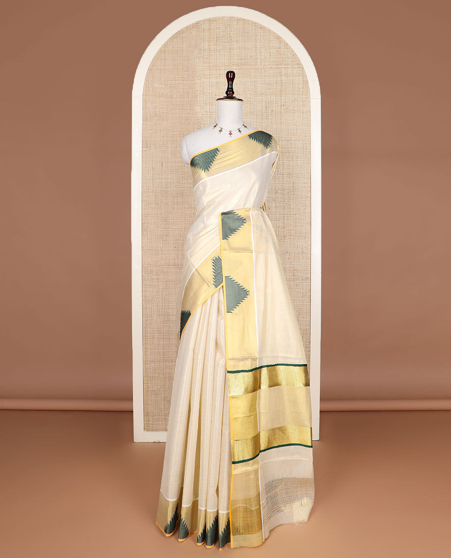 Gold plain design Kerala saree, thread temple motifs border, and zari woven pallu
