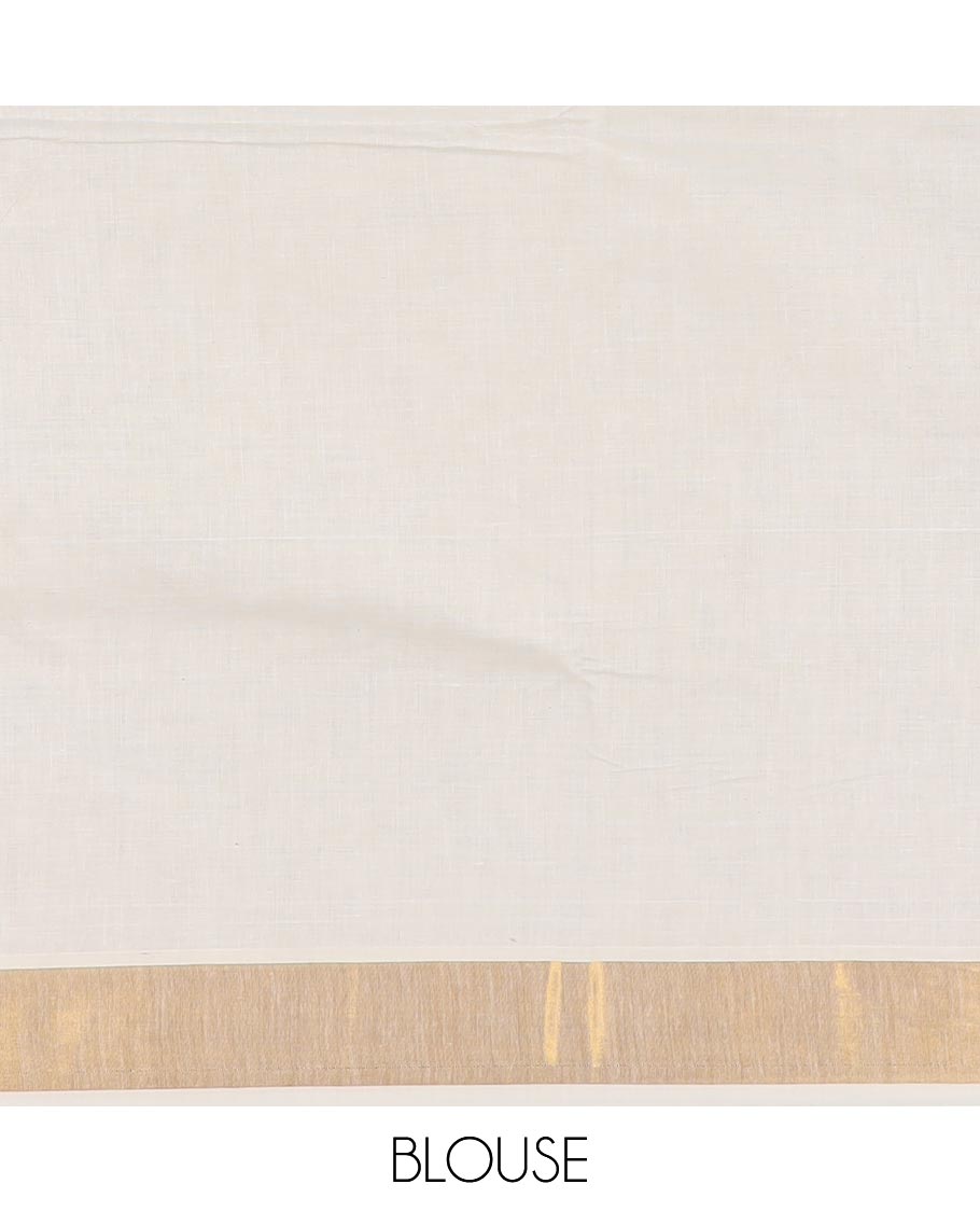 Cream paisley embroidered Kerala cotton saree, zari border, and paisley embroidered pallu