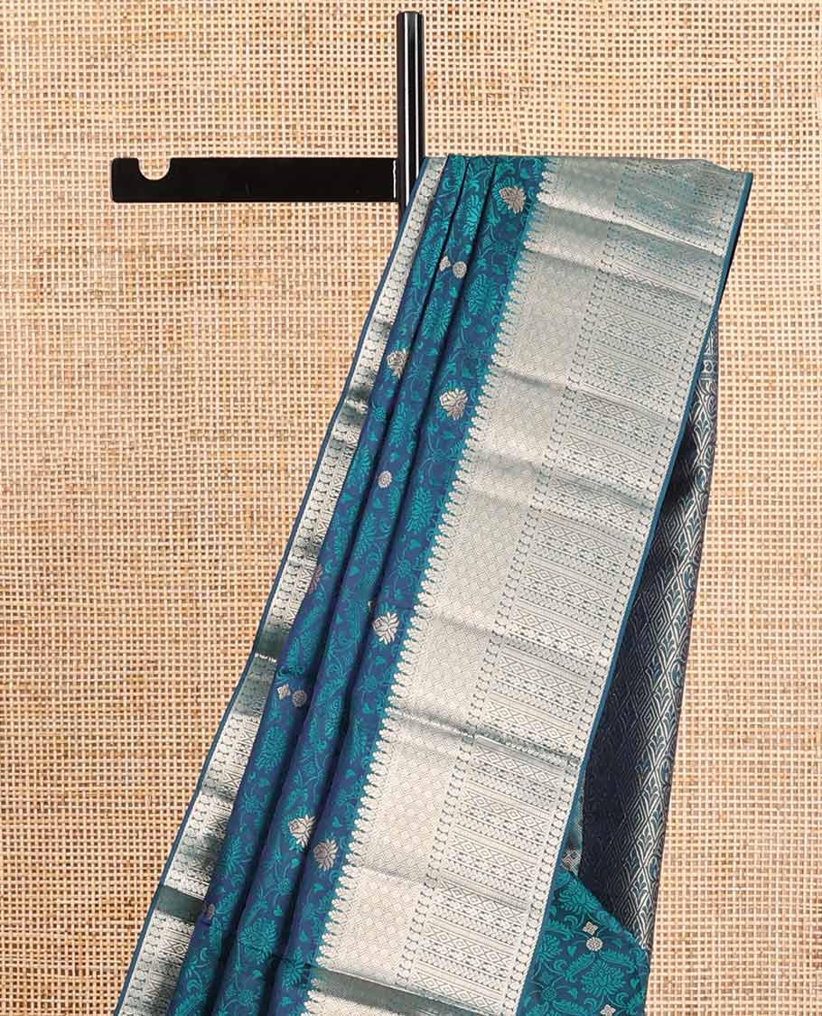 Blue floral jacquard kancheepuram silk saree with self floral design border & jaal design pallu