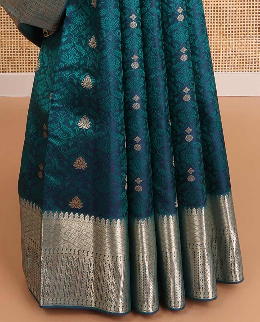 Blue floral jacquard kancheepuram silk saree with self floral design border & jaal design pallu