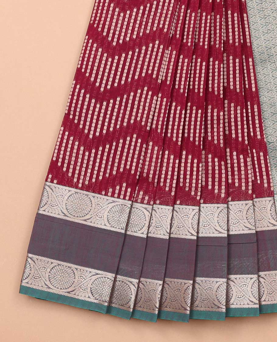 Red chevron kora cotton saree with contrast zari design border & jaal design pallu