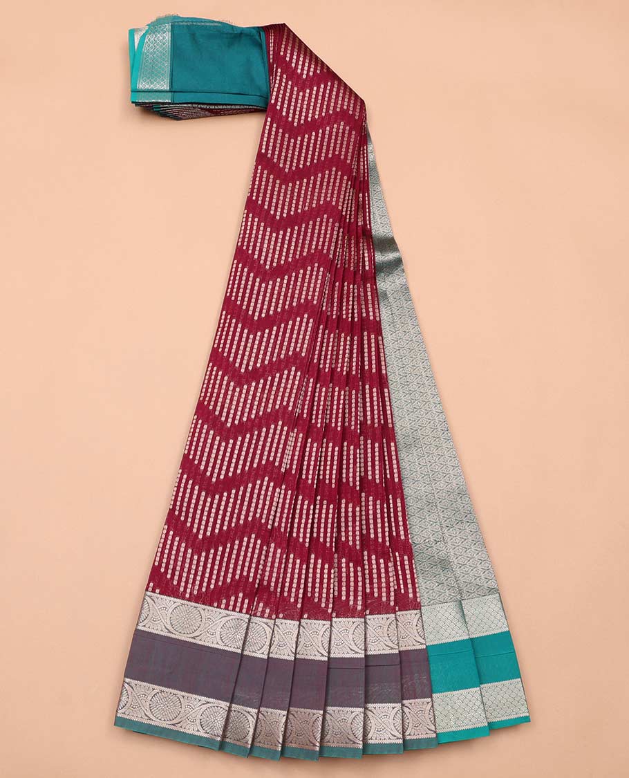 Red chevron kora cotton saree with contrast zari design border & jaal design pallu