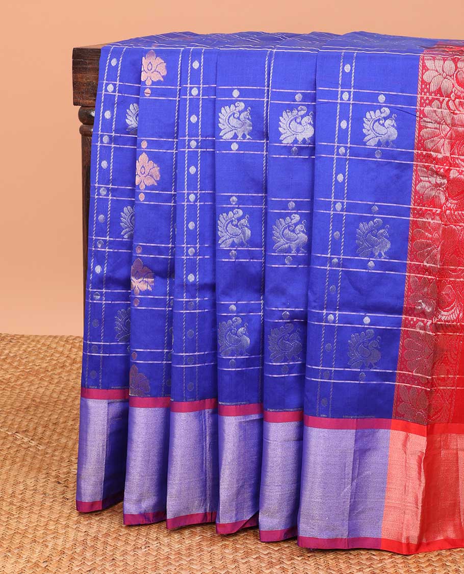 Blue checked design kupadam cotton saree with zari buttas, contrast plain border & pallu of intricate designs