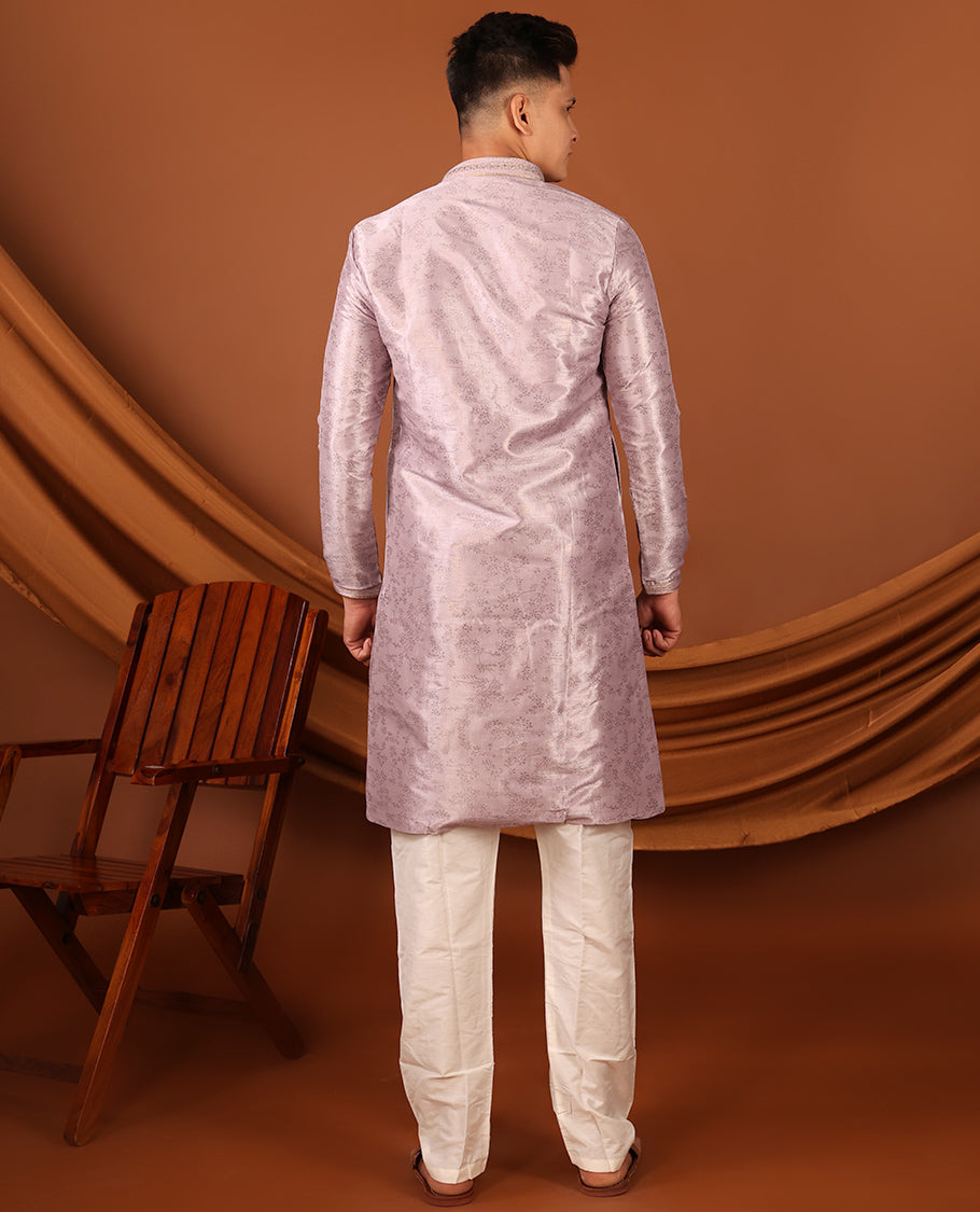 Onion Pink Floral Motifs Sparsely Print with Neck Embroidery Full-Sleeved Men's Kurta, Comes with Pants