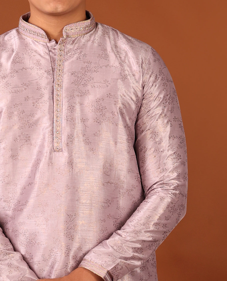 Onion Pink Floral Motifs Sparsely Print with Neck Embroidery Full-Sleeved Men's Kurta, Comes with Pants
