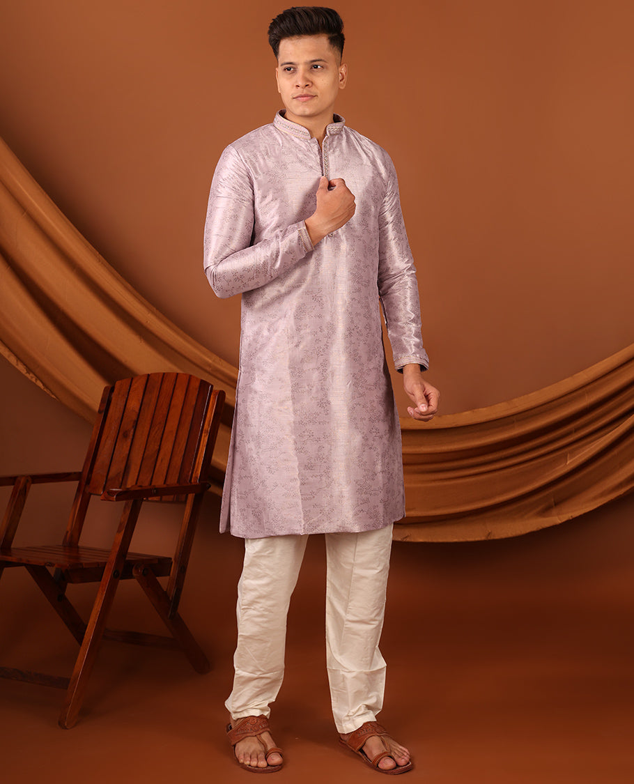 Onion Pink Floral Motifs Sparsely Print with Neck Embroidery Full-Sleeved Men's Kurta, Comes with Pants