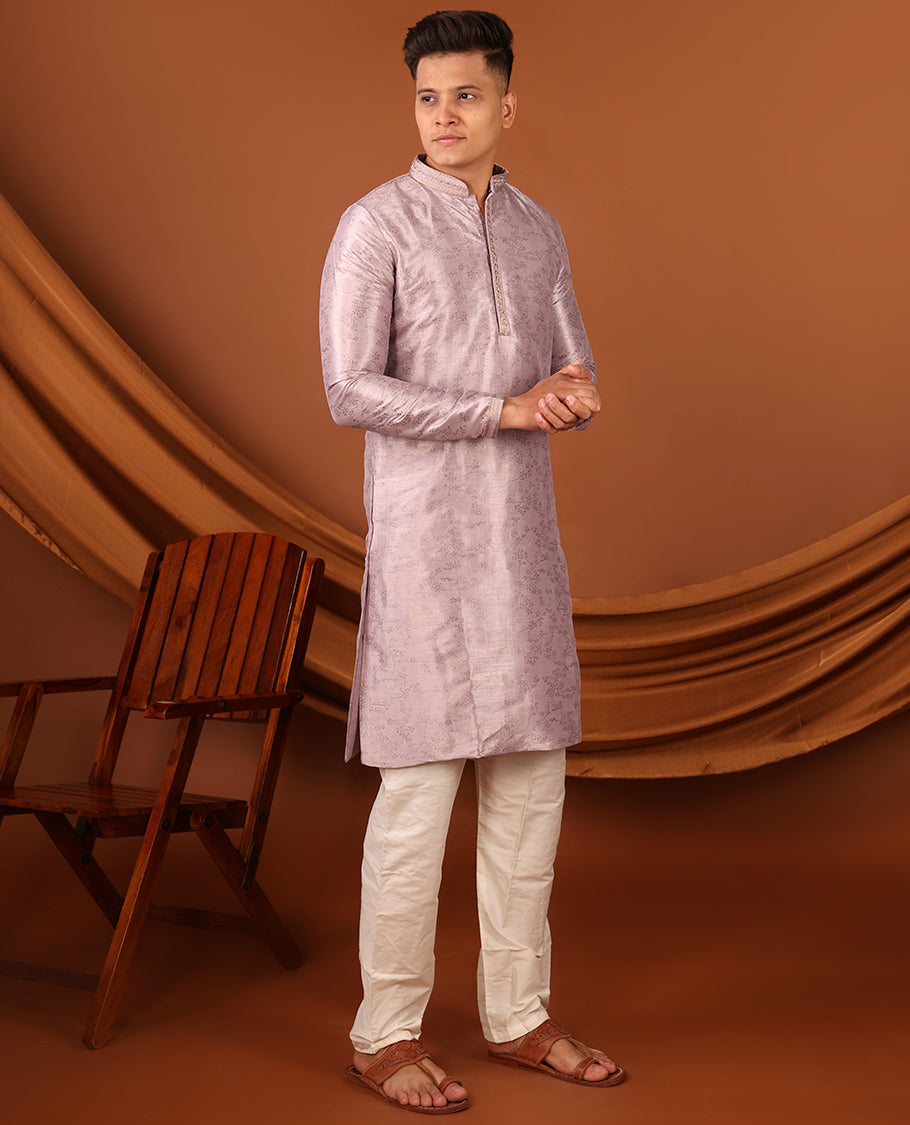 Onion Pink Floral Motifs Sparsely Print with Neck Embroidery Full-Sleeved Men's Kurta, Comes with Pants