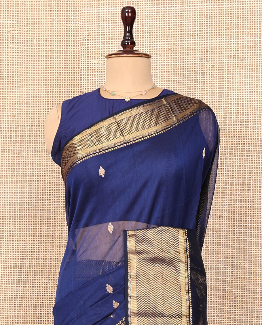 Blue Maheshwari Cotton Saree, Beautified with Zari Buttas on Its Body, Highlighted by Zari Border of Chevron Designs, Pallu Steeped with Zari Buttas, and Paired with a Matching Blouse