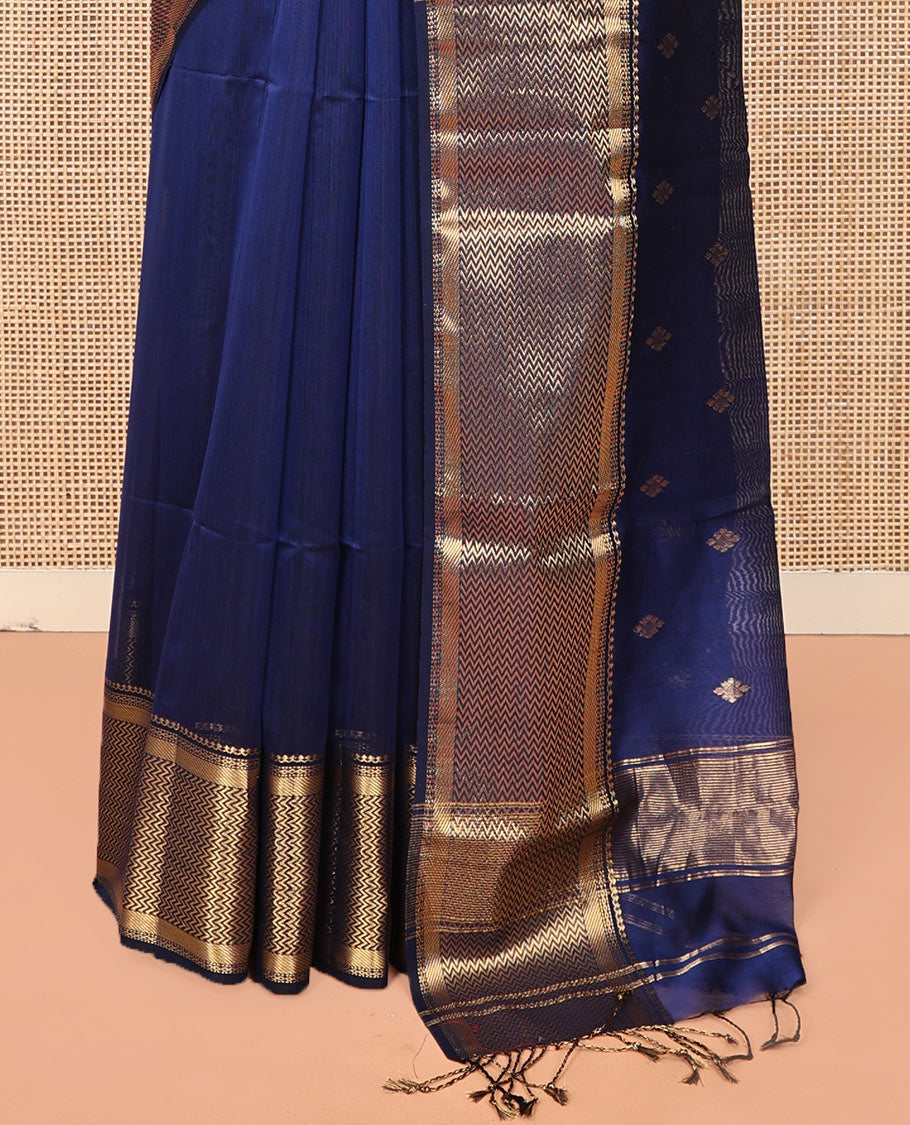 Blue Maheshwari Cotton Saree, Beautified with Zari Buttas on Its Body, Highlighted by Zari Border of Chevron Designs, Pallu Steeped with Zari Buttas, and Paired with a Matching Blouse