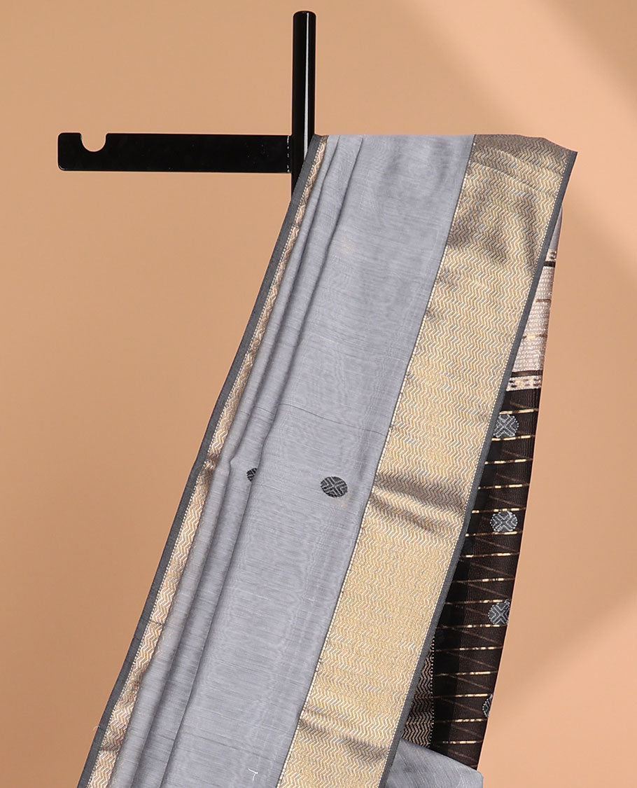 Grey floral motifs maheswari cotton saree with contrast zari border & striped, floral design pallu