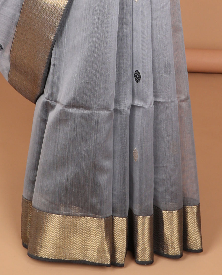 Grey floral motifs maheswari cotton saree with contrast zari border & striped, floral design pallu